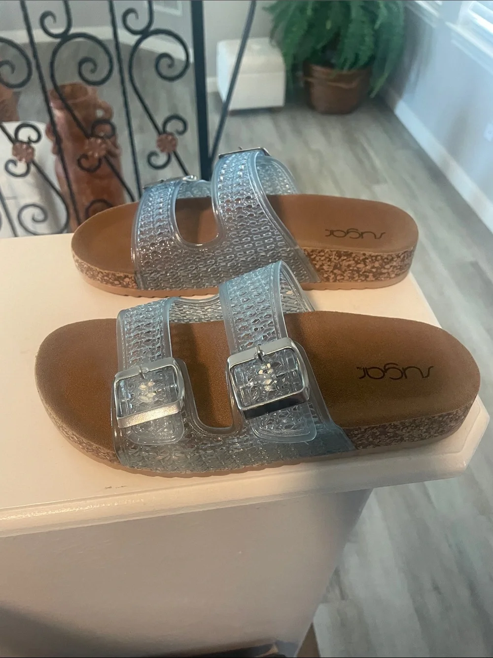 Sugar Light Blue Jelly Double-Buckle Slide Sandals with Brown Footbed